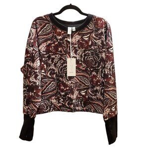 NWT Joie Black Cranberry Floral Print Crewneck Cropped Cotron Sweatshirt L